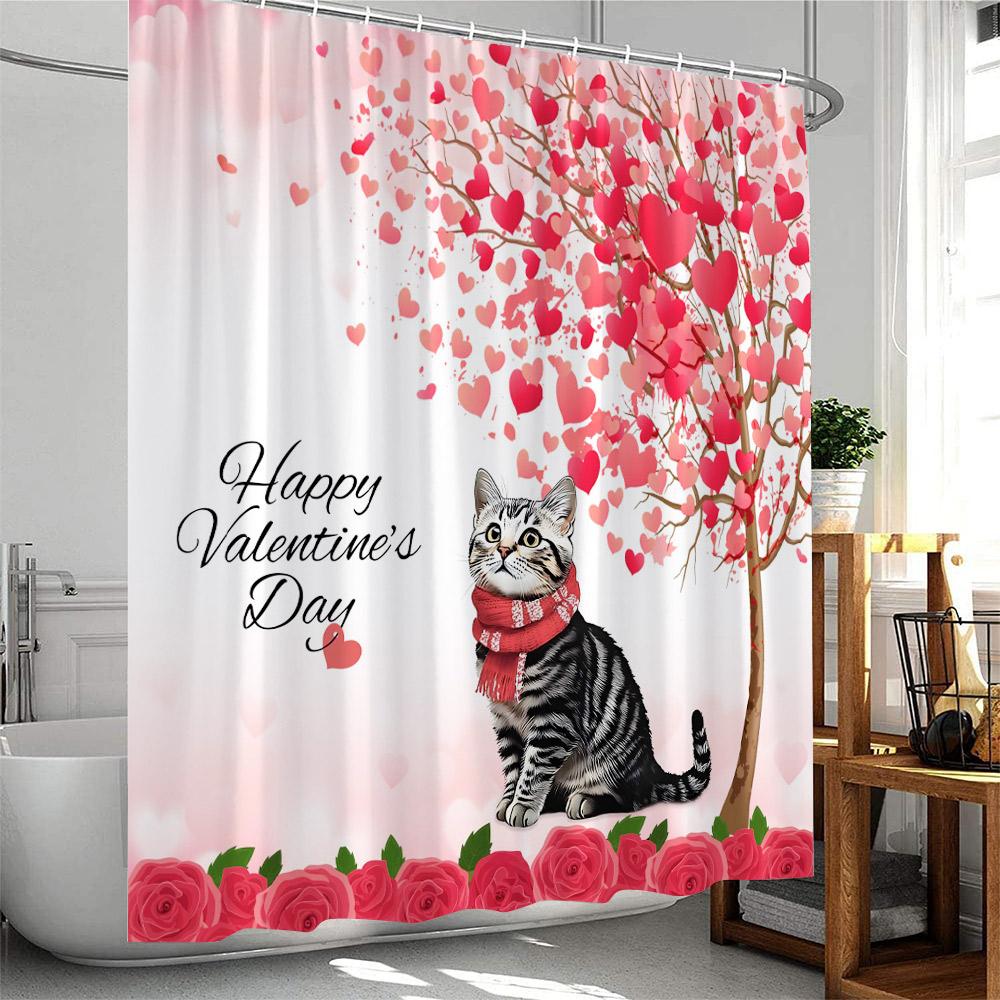 Valentine's Day Shower Curtains Cute Animals Highland Cattle Pig Flamingo Elf Heart Red Rose Bath Curtain Fabric Bathroom Decor