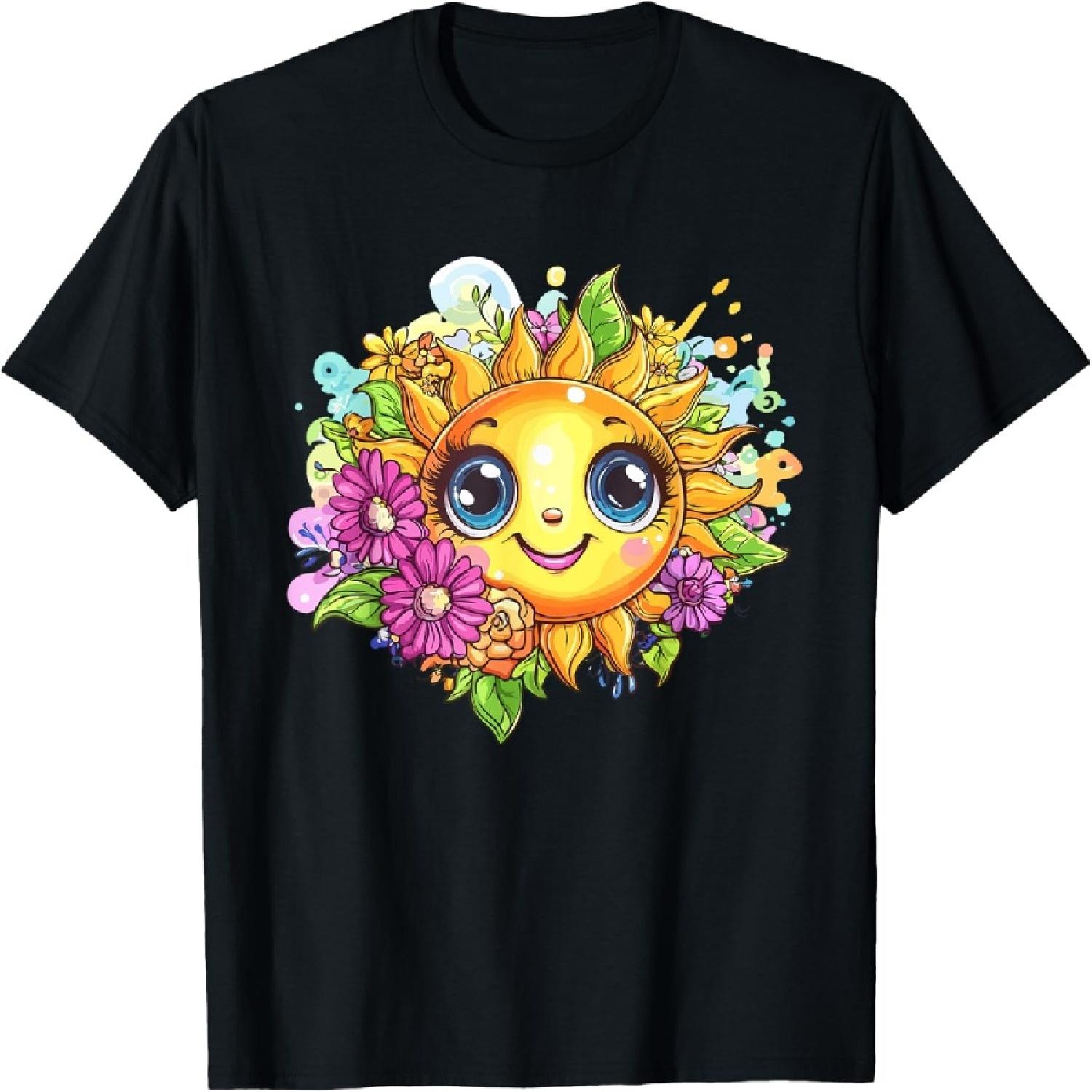 Smiling Sun Surrounded By Colorful Flowers T-Shirt XXXXXL разноцветный