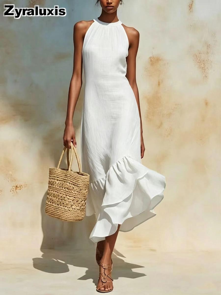 New Summer Fashion Elegant Sleeveless Round Neck Ruffled Hem Dress S