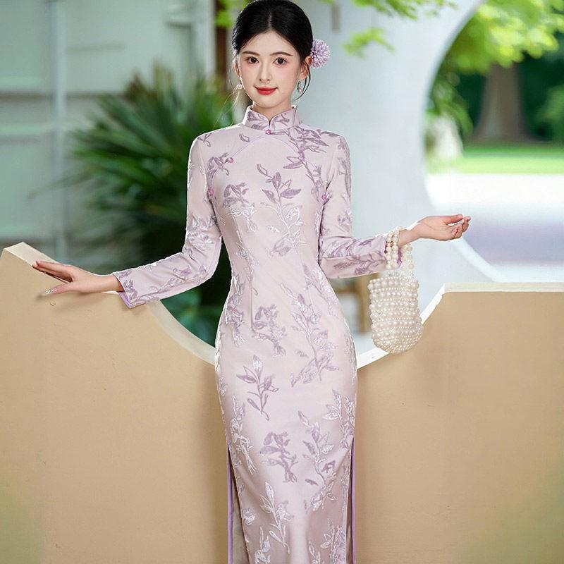 Elegant Green Vintage-Inspired Long Sleeve Cheongsam Dress Women Slim Fit Winter Layering Outfit With Stand Collar