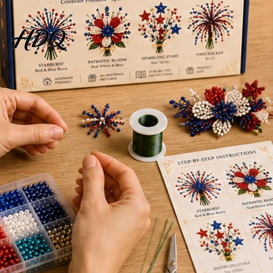 Small 3D Floral Arrangement America 250 Beaded Bouquet DIY Kit 4th of July Patriotic Flower Craft Fantasy Art Kit Handmade Set 1776-2026 Independence