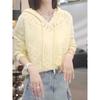 Nuovo Maglione Sottile Colore Unico Primavera Top Largo Pigro Manica Lunga Uncinetto Fiore Lavorazione a Maglia con Cappuccio per Donna