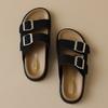 Fashion Double Belt Buckle Slides Shoes Ladies Casual Slip On Leather Sandals Woman Clogs Pantuflas Barefoot Flipflops Femmes Slippers