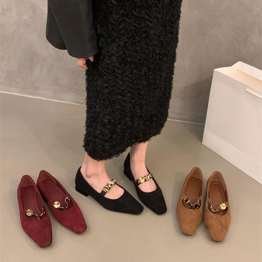 Thick heel retro suede single shoes women's shoes 2025 new spring and autumn French red square head Mary Jane evening shoes