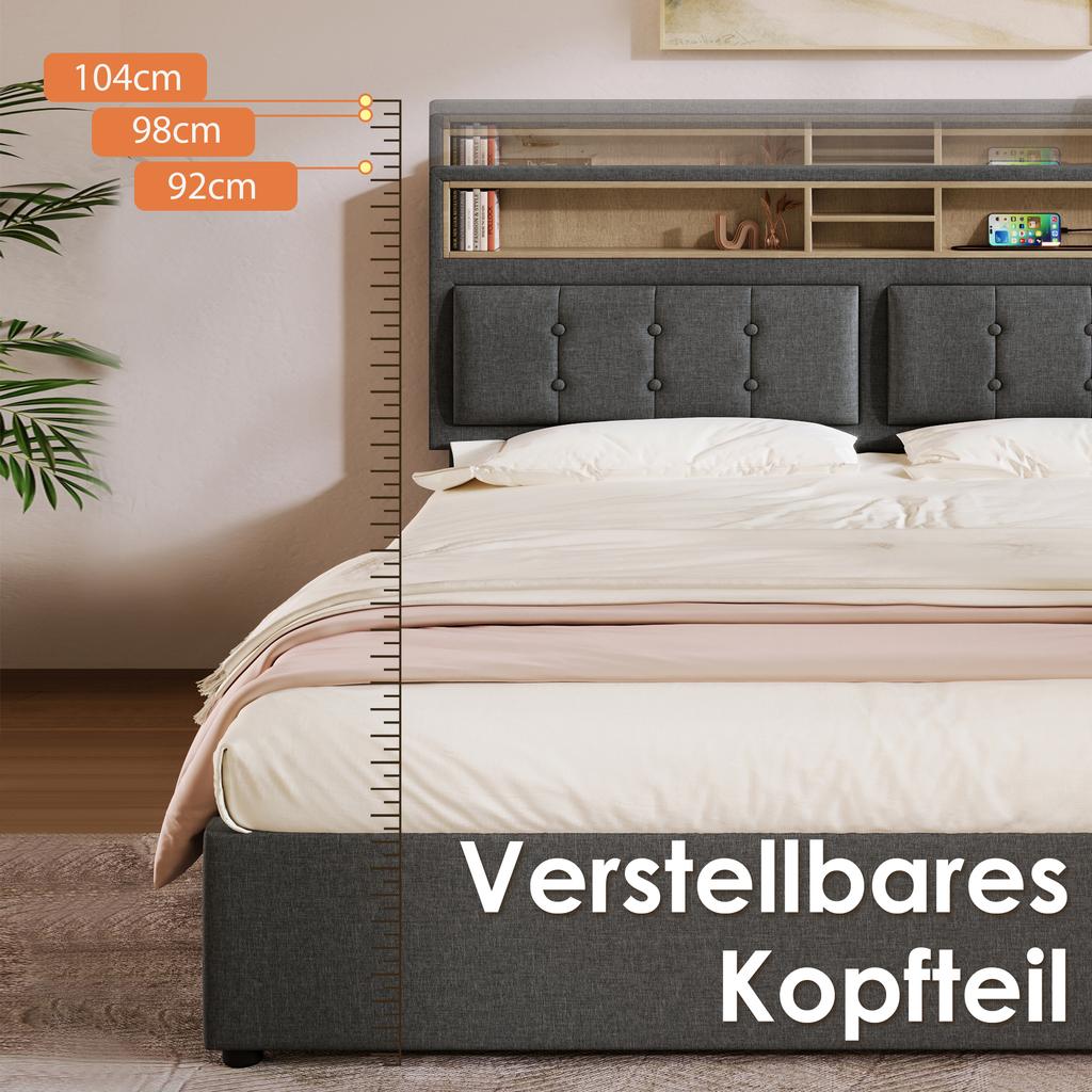 Double Bed with 4 Drawers & USB C Socket, Upholstered Bed 140x200cm, Height-Adjustable Headboard, Wooden Slatted Frame (With Mattress)