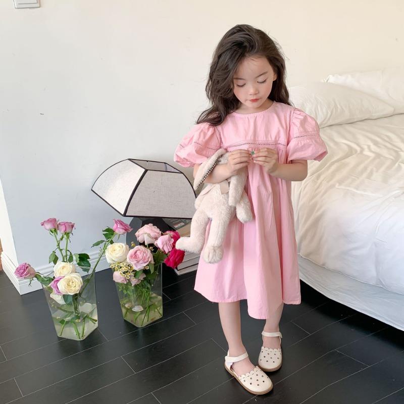 Kids Babys Girls Dress Summer New Vacation Bubble Short Sleeve Little Girls Dress French Solid Thin Belle Girls Princess Dresses 100 розовый
