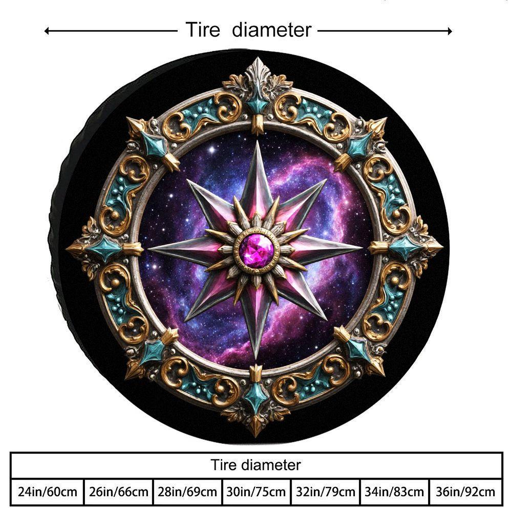 Luxurious Decorative Tire Cover | Black Base With Pink Gem, Golden Star, Purple And Blue Galaxy Pattern, Polyester Material