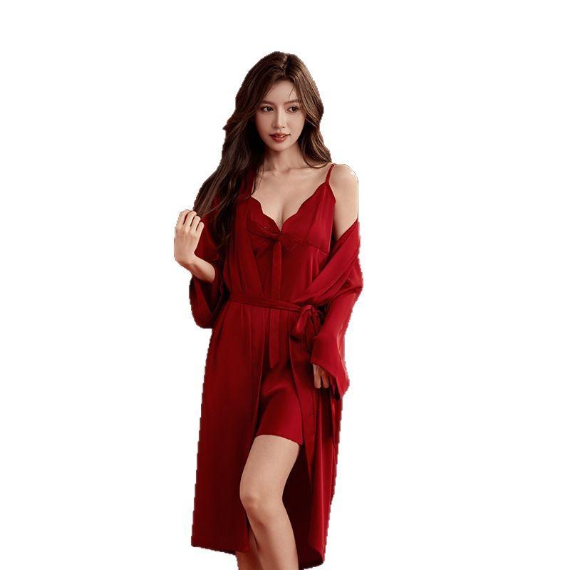 Couple pajamas wedding wedding high-end suspender morning robe birth year long sleeve ice silk red men and women dowry suit
