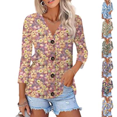 Damesmode Casual Print Knopen Blouse 3/4 Mouw Tops