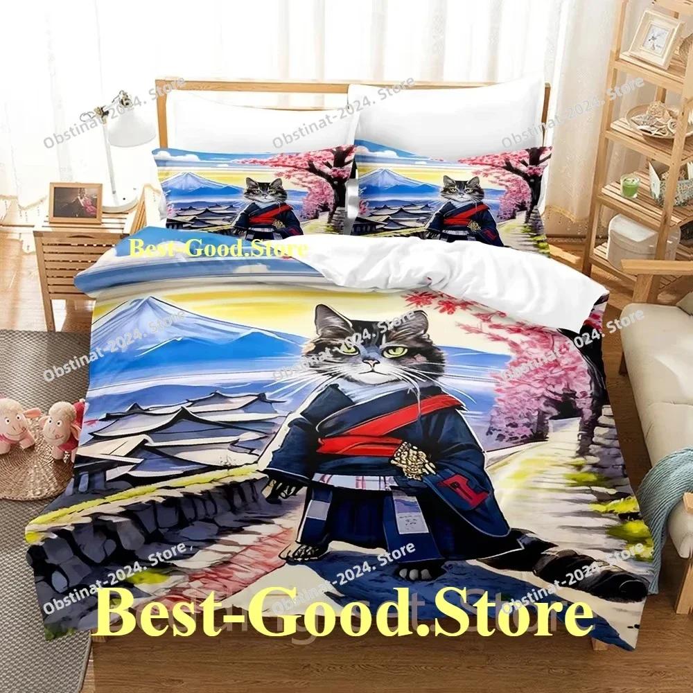 COOL Samurai Cat Bedding Set Duvet Cover Full Queen King Size Pillowcase Bed Printed Bed Set Aldult Kid Bedroom Single Twin