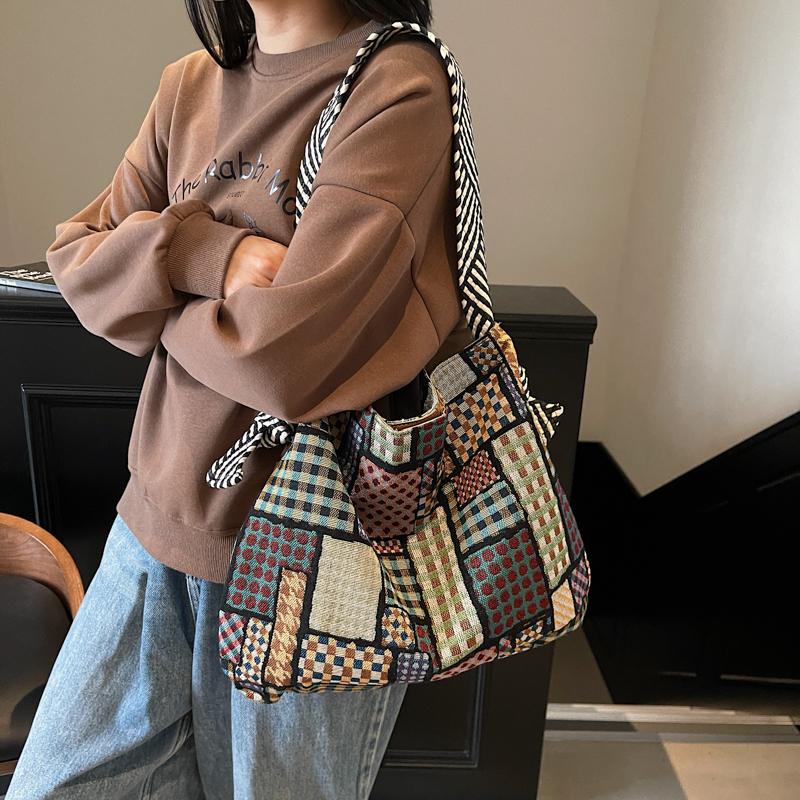 Color Block Tote Bag Women Print Plaid Shoulder Bag