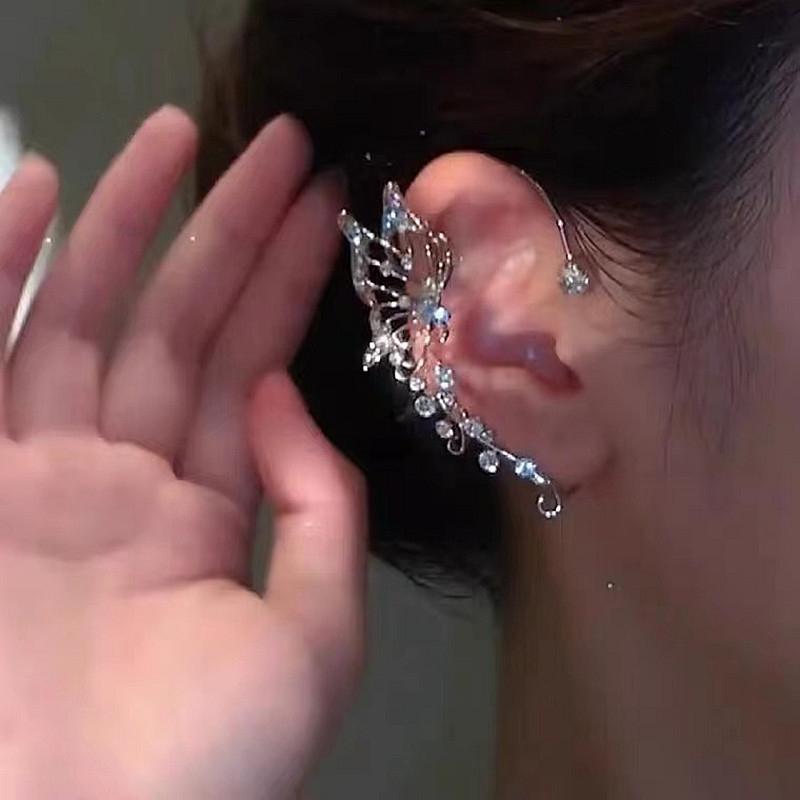 

Fashion Metal Feather Ear Cuff Earrings for Women Exaggerated C-Shaped Ear Hook Without Ear Hole Clip On Earrings Decor Zircon