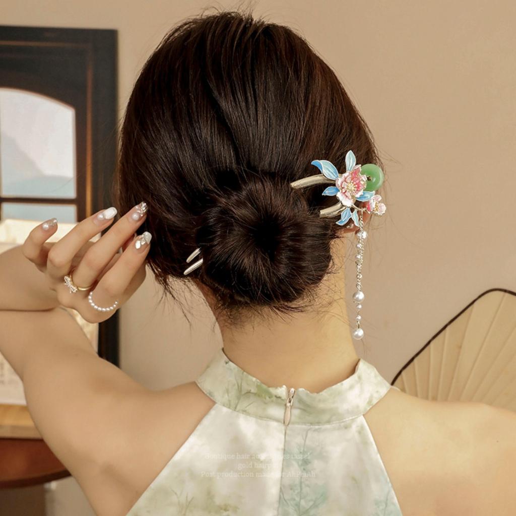 Wsuwka do włosów w kształcie litery U z frędzlem w stylu vintage dla kobiet Elegancki metalowy emaliowany patyczek do włosów Element kwiatowy wsuwka do włosów Akcesoria do włosów Hanfu