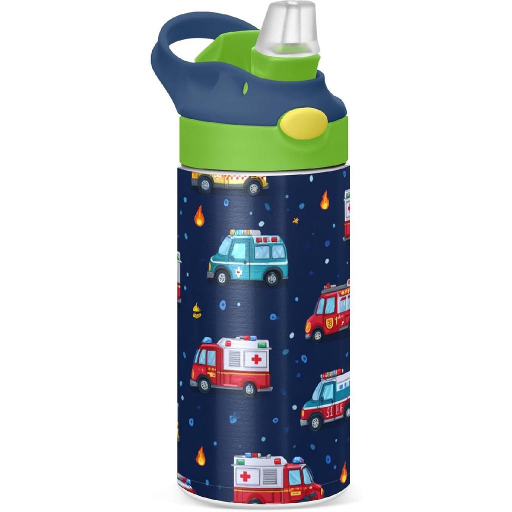 Boccsty Bright Race Car Truck Kids Water Bottle with Straw Lid Sport Cars ulated Stainless Steel Reble Tumbler for Boys Girls Toddlers 12 oz Green
