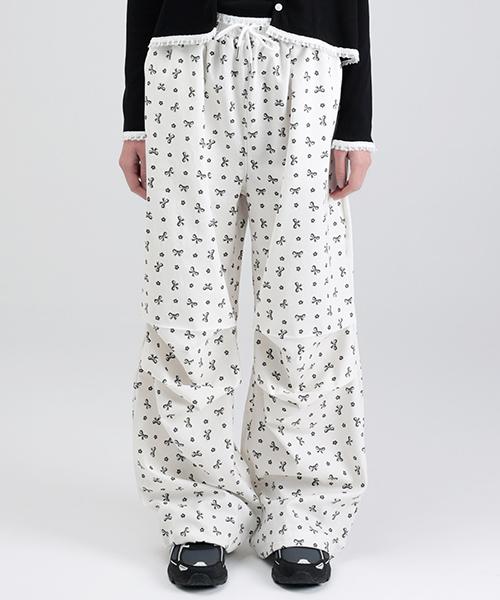 WHEN YOU MOVE Ribbon Pattern Cotton Wide Pants Ivory