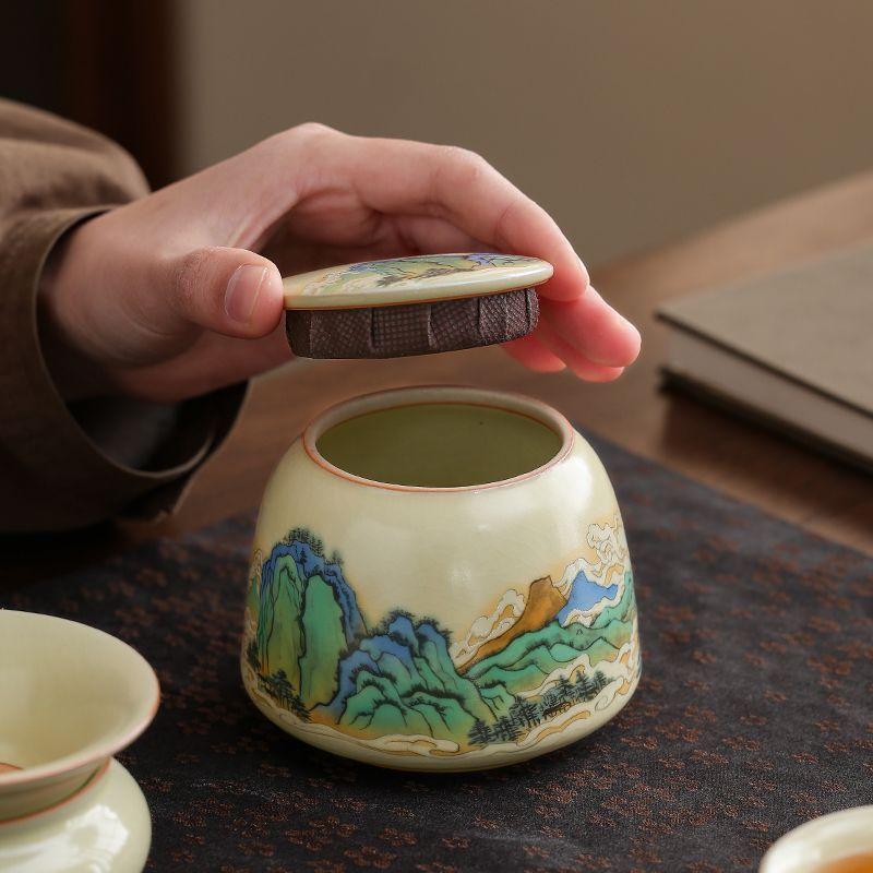 Chinese Ceramic Candy Jar Landscape Flower Decoration Jar Portable Tea Box Vintage Nut Coffee Bean Medicinal Herb Storage Bottle