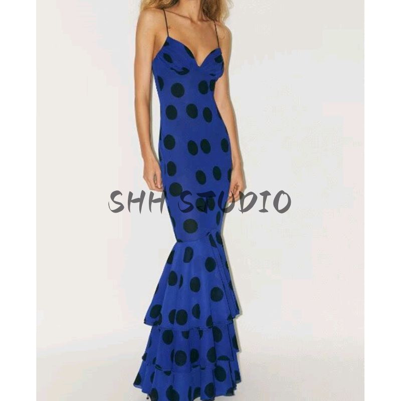 Summer New Product Women's Clothes French Sexy Wind Chiffon Polka Dots Ruffles Laminated Decoration Long Braces Dress