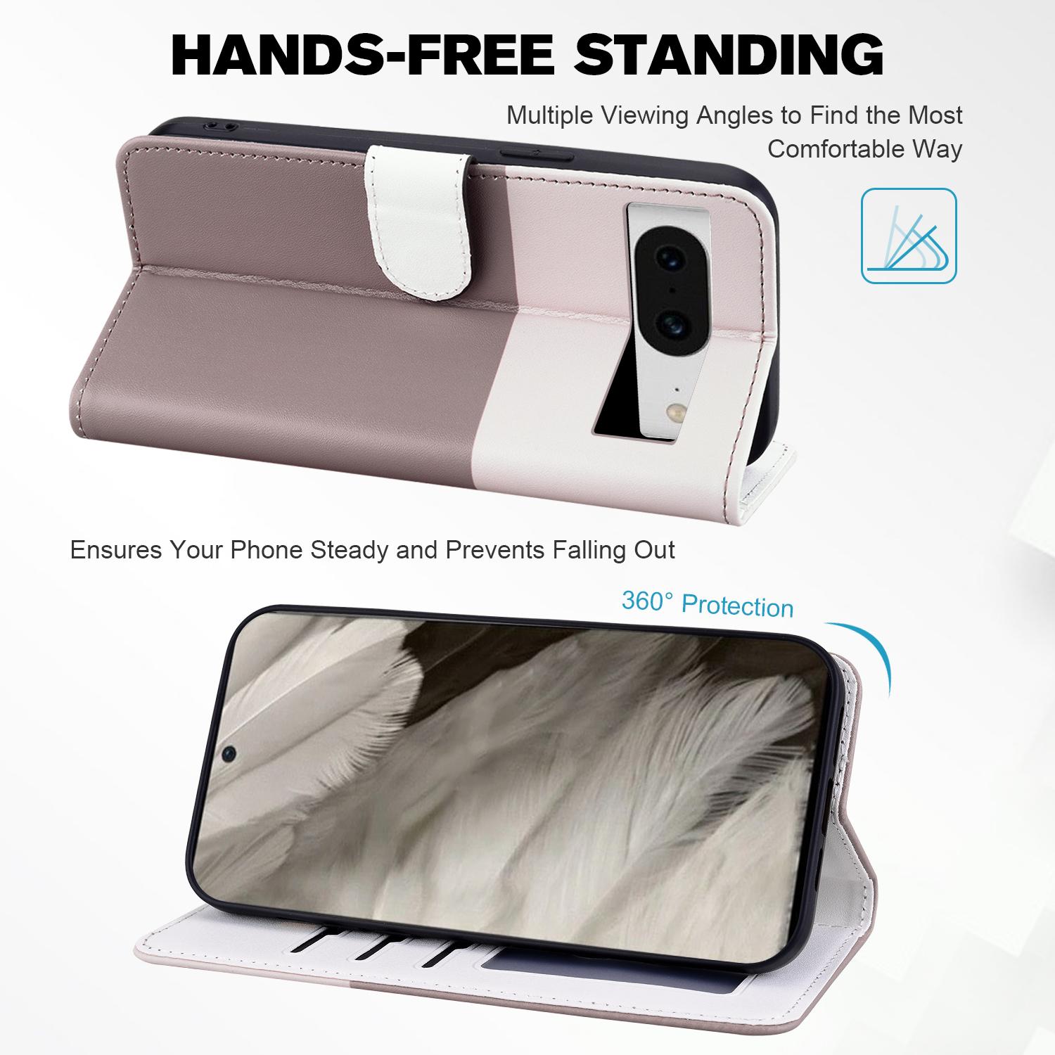 

Cartoon Pet Series for Google Pixel 8 Case Leather Splicing Phone Stand Cover with Wrist Strap Bean Pink