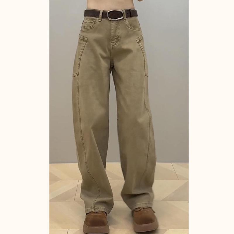 

Женские джинсы цвета хаки широкие штанины - Осенние больших размеров, стройнящие брюки прямого кроя 2XL