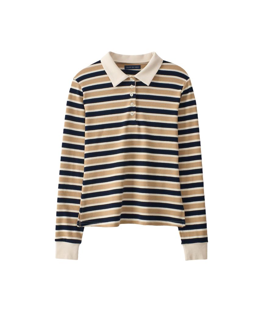 SALON DE YOHN Striped Button Rugby Collar Shirt_ Beige