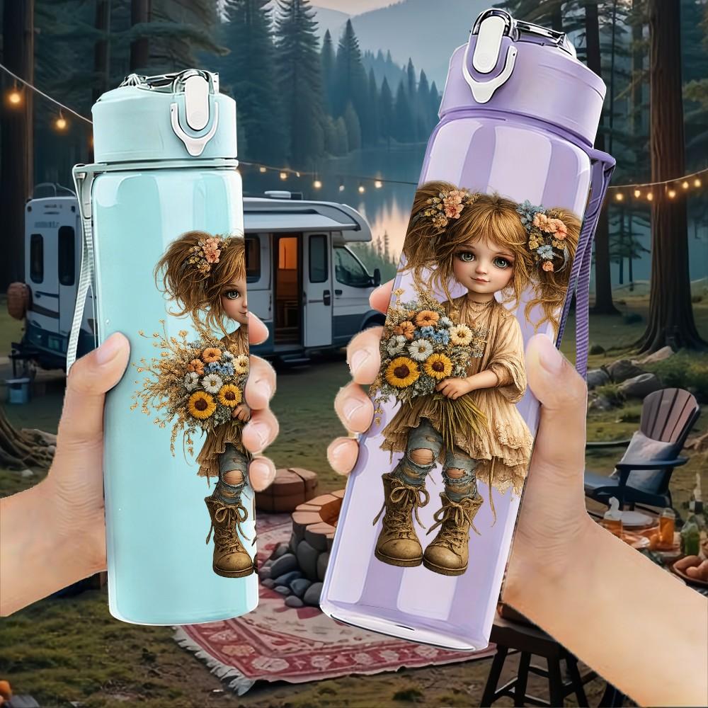 1PC Messy Hair Rag Doll Girl Character Print 750ml Color Plastic Sports Water Bottle Leakproof Flip Straw Lid Suitable for Sports Office Home Use