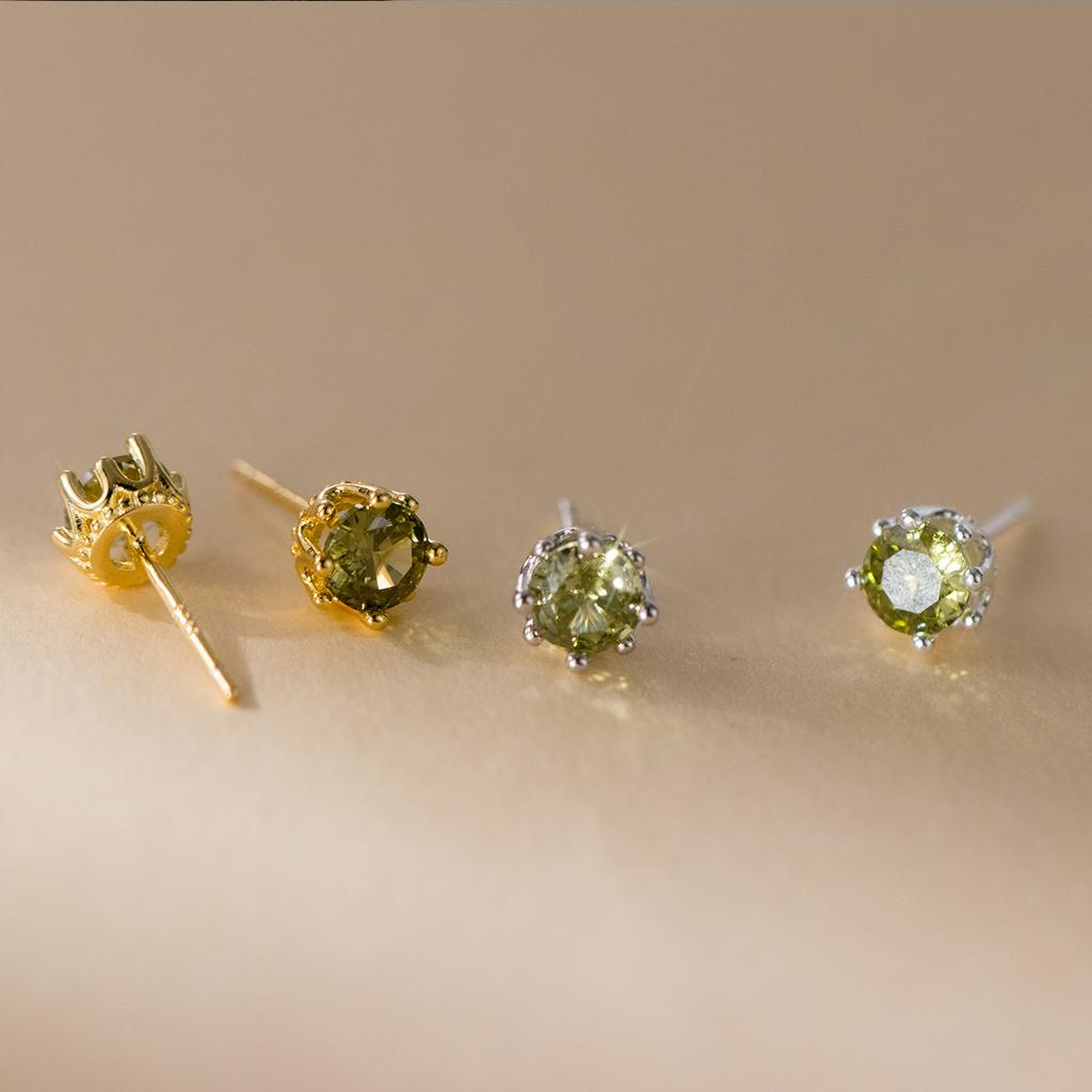 925 Sterling Silver Peridot Green CZ Stud Earrings for Women Vintage Royal Crown Six-Prong Zirconia Earrings Fine Jewelry