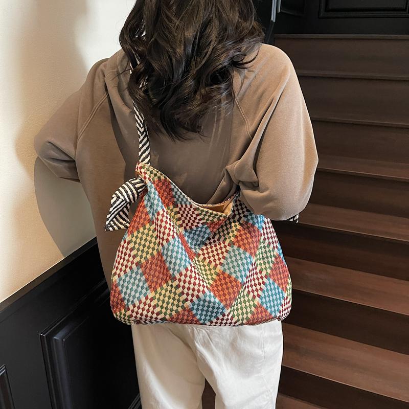 Color Block Tote Bag Women Print Plaid Shoulder Bag