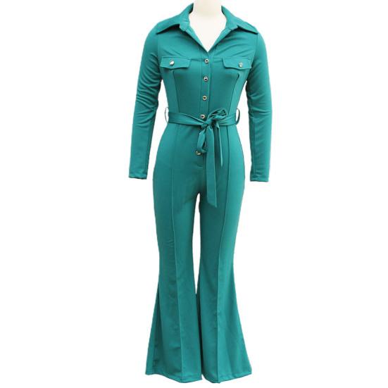 Women Fall Spring Jumpsuit Lapel Half Single-breasted Solid Color Long Sleeve Slim