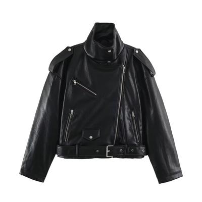 Womens Fashion Faux Leather Jacket Versatile Belted Stand Collar Biker Coat Short Style Daily Wear