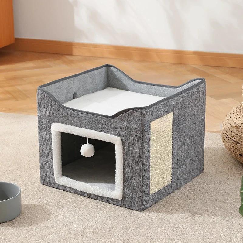 Double Layered  Pet Cat House Large Foldable Cat Bed Four Season Universal Cats with Ball Hanging Cube Beds Pet Supplies & Pet