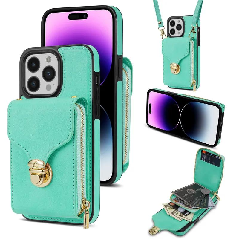 Crossbody Lanyard Leather Zipper Wallet Phone Case for iPhone 17 Air 16E 16 Pro Max 15 Plus 14 13 12 11 XS XR X Flip Stand Cover