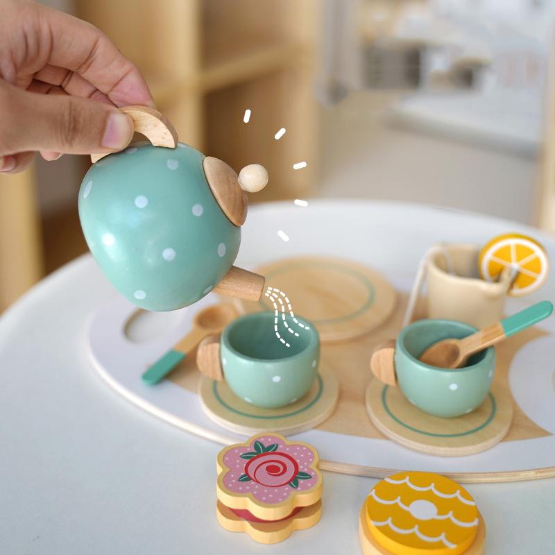 Tea Party Tableware Wooden Handiccraft Toy Kitchen Pretend Play Set for Toddlers Kids Birthday Gift Favors Kitchen Toys Gift