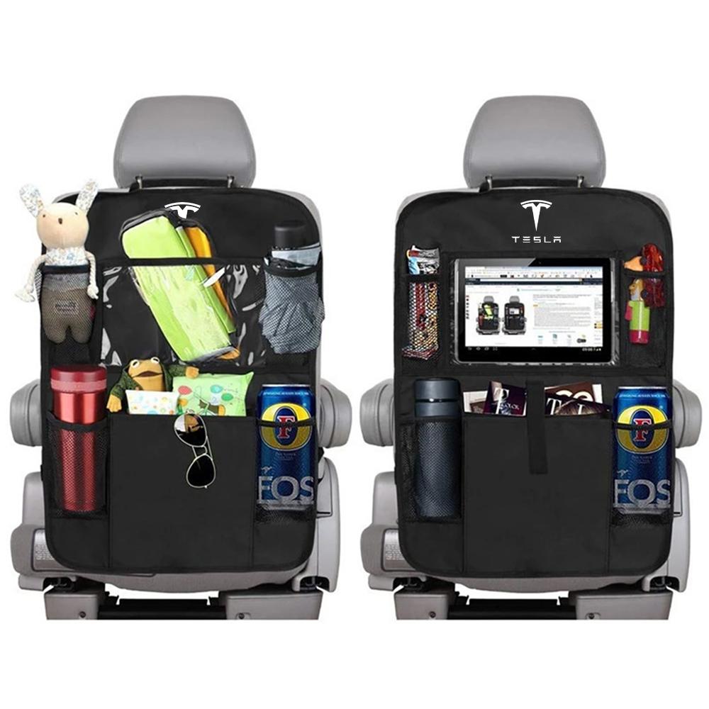 Multi Pockets Car Seat Back Large Capacity Storage Bag Protector Anti-Kick For Tesla TM3 TMX Model S X Model 3 Model Y Decals