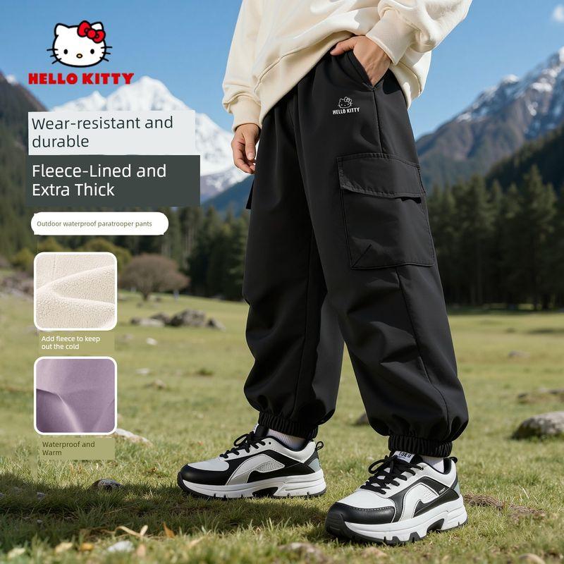 Hello Kitty Girls Fleece-Lined Pants Children s Cotton Pants Trendy Cargo Pants Thickened Warm Purple Jogger Pants Trendy Thick Plate Ti Cute K Black 160