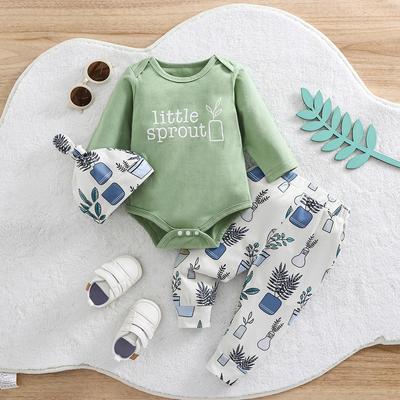 3pcs Baby "Little Sprout" Print Cotton Bodysuit + Hat + Plant Pattern Pants Outfit Set