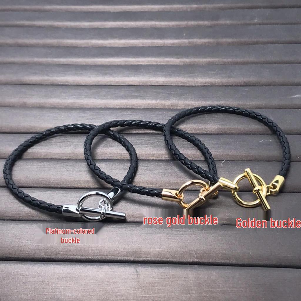 European & American Fashion H-Shaped Leather Cord Bracelet In Enamel V with 18K Rose Gold Plating - Pig Nose Design, Influencer Couple Style