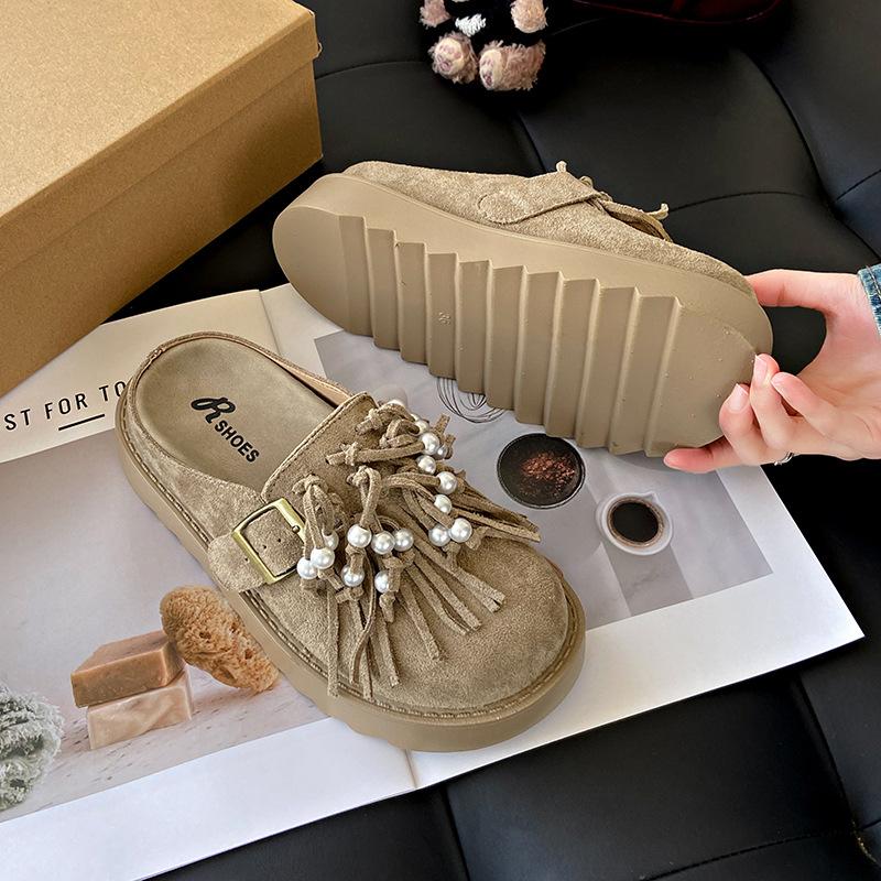 Big Head Pearl Bag Head Half Slippers Women's New Outer Wear Lazy Casual Single Shoes Platform Spring and Summer