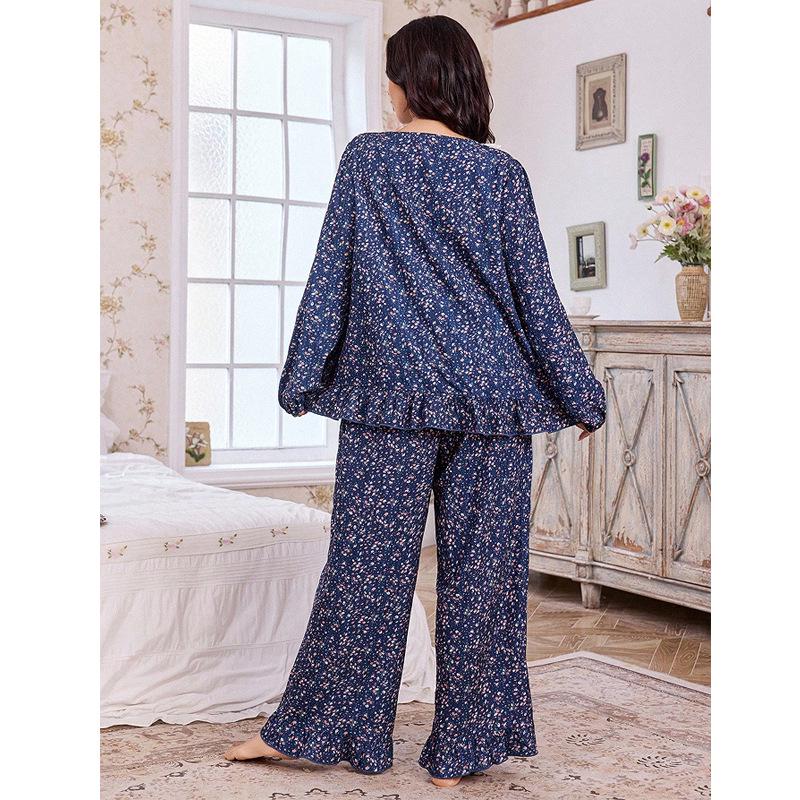 Women's Plus Size Lace Floral Pajama Set for Autumn/Winter - Comfortable European & American Style