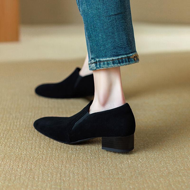 Fashion NEW Spring/Autumn Women Loafers Sheep Suede Leather Shoes for Women Square Toe Chunky Heel Soft Shoes Black Elegant Women Pumps