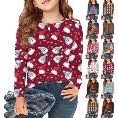 Weihnachtstag Mädchen Langarm T-Shirts Kinder Herbst Oberteile Rundhalsausschnitt Bedruckte Basic T-Shirts