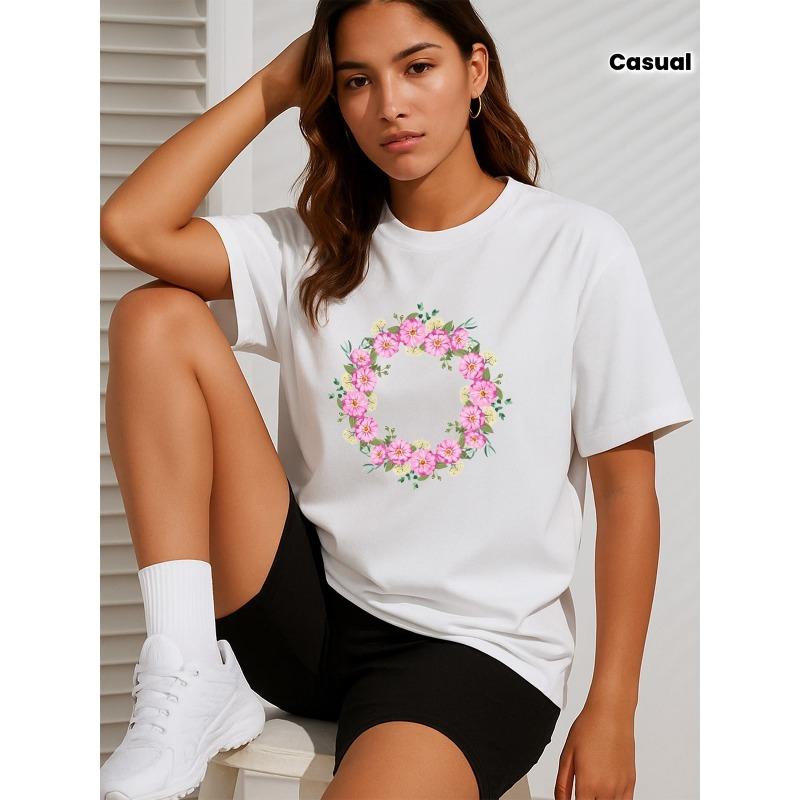 

Women s White T-Shirts - Vintage-Inspired Short Sleeve Round Neck Birthday Floral & Heart Print Matching Couple Tees, Pink Flower Wreath Design S белый