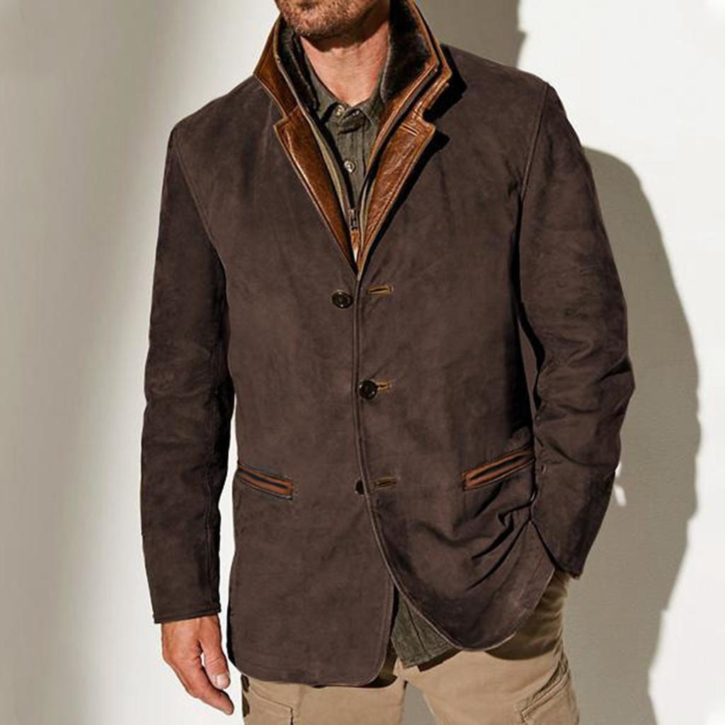 Men's Solid Color Splicing Button Pocket Work Jacket Men's Casual Long Coat