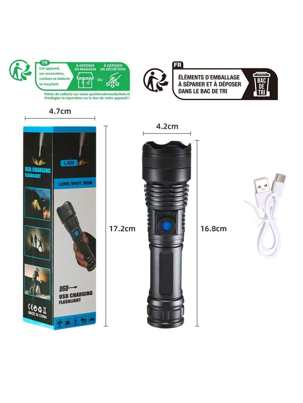 

USB 300-минутный перезаряжаемый фонарик, сильный свет, 3 режима, ручная лампа, 18650, аккумулятор, водонепроницаемый фонарик для кемпинга, пешего туризма, ночного патруля чёрный