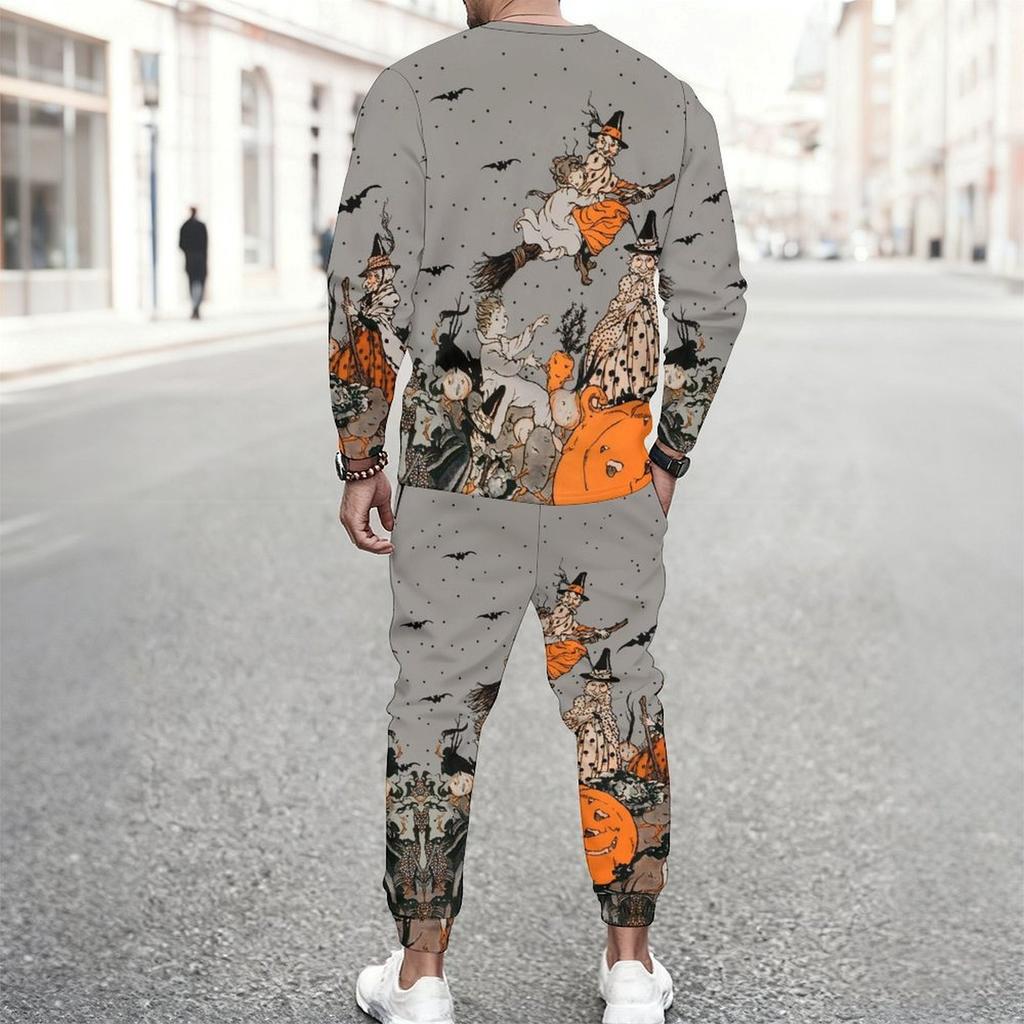 Men Vintage Green Background Skull Blue Butterfly Leaf Print Long Sleeve Sweatshirt Jogger Pants Two Piece Suit
