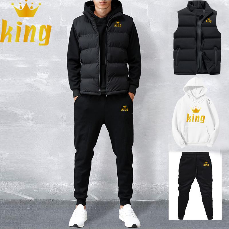 

Мужские толстовки, комплект из 3 предметов, осенне-зимние толстовки + жилет + брюки, спортивный костюм 3XL чёрный/белый