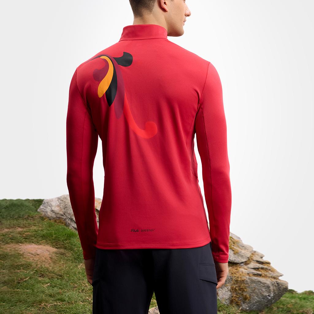 Fila Fashion Stand Collar Half Zip Knit Slim Fit Long Sleeve T-Shirt Men Tops Dark-Rose A11M517210FWI