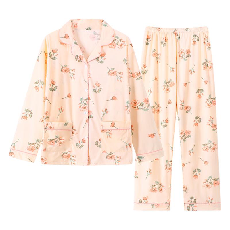 Fashion Flower Spring and Autumn Mom Loose Large Size Homewear Casual Imitation Cotton Long Sleeve Pajamas Two-piece Set Real Shot
