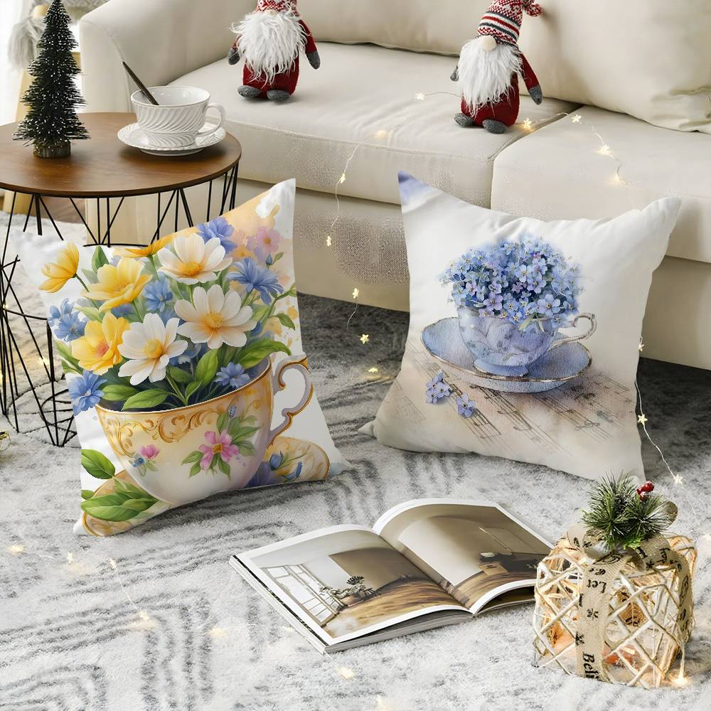 Painting Cup Of Flowers Pillow Case Soft Plush Fabric Double Sided Print Decorative Home Living Room Gift Cushion Cover
