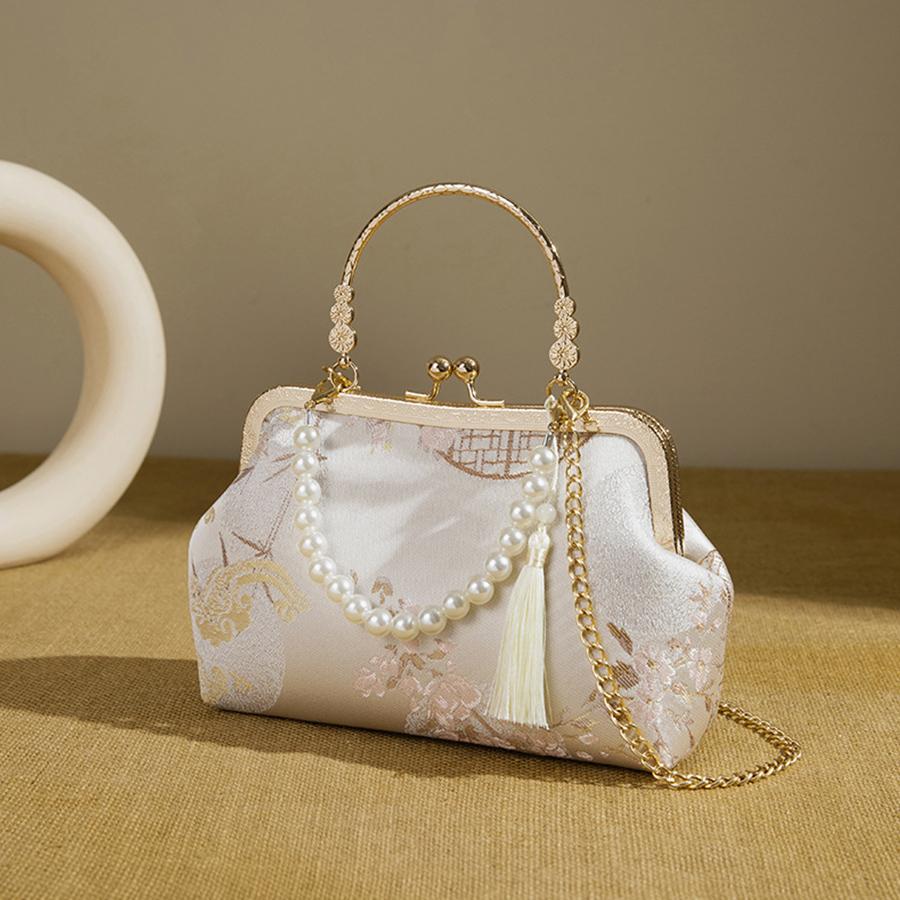 Fashi Clip-On Chinese Evening Bag With Ctrasting Flower Print, Pearl Chain Handbag, Elegant Crossbody Bag for Daily Travel