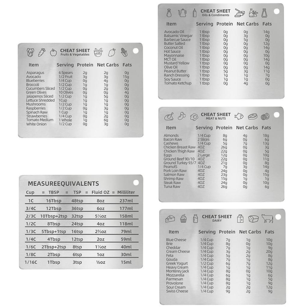 5 Pieces Stainless Steel Magnetic Kitchen Conversion Charts for Baking and Cooking Measurements with Smooth Edges for Safety